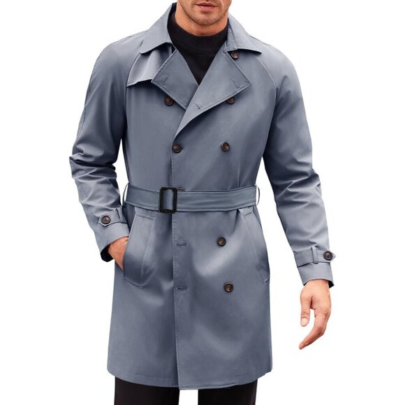 Mens Dark Grey Trench Coat Double Breasted Belted Mid Long Windbreaker